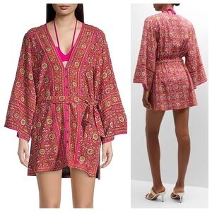 Veronica Beard RIRI Caftan Mini Dress Swim Cover Up Floral Boho Fuchsia Multi S